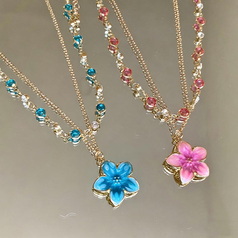 Flower Pendant Layered Necklace Gold Plated Colorful Chain Choker Y2K Aesthetic Jewelry For Women