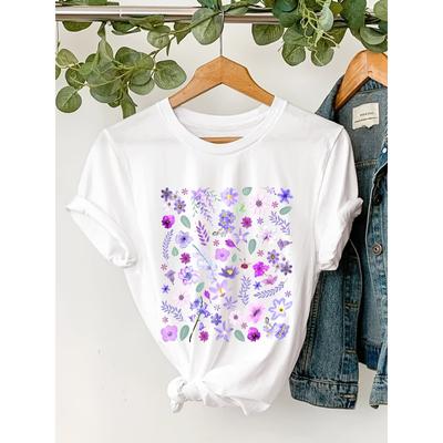 Taglie Europee T-shirt Casual da Donna con Stampa Floreale - Top Stile Country Girocollo, Tessuto Morbido Traspirante, Lavanda con Fiori Multicolori