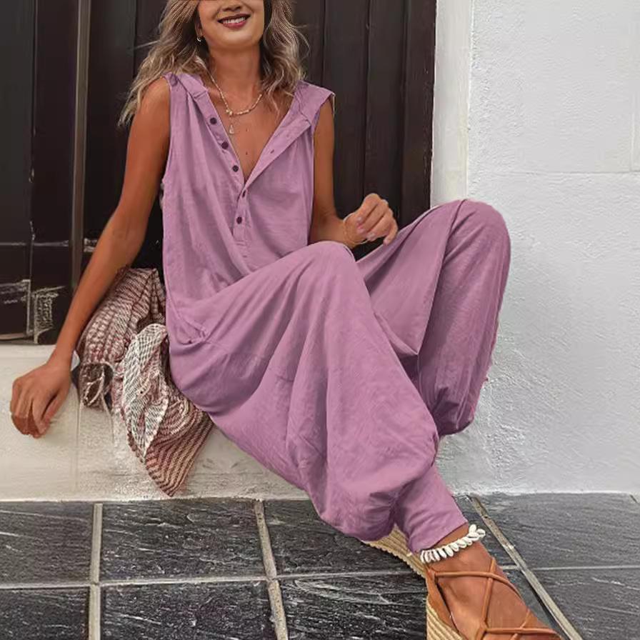 Women's Summer Casual Hooded Jumpsuit Loose Half Button Tapered Leg Romper Overall Pants