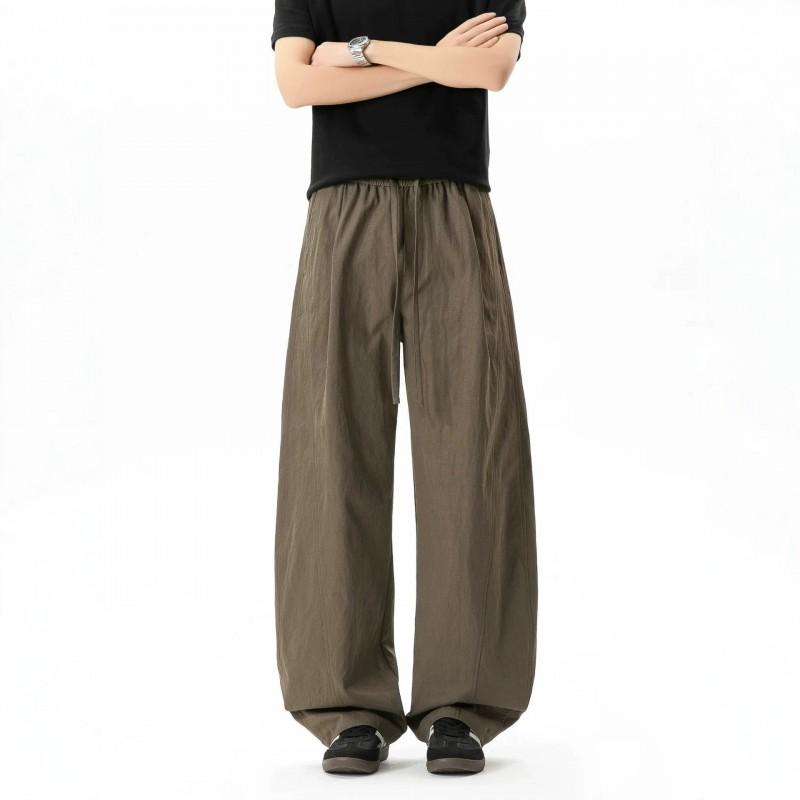 Mens Casual Pants Solid Color Splicing Straight Leg Trousers Retro Pleated High Street Drawstring Loose Fit