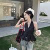 Sweet Wind Black Polka Dot Neck V-neck Vest Women's Summer Design Niche Slim Fit Chic Beautiful Top