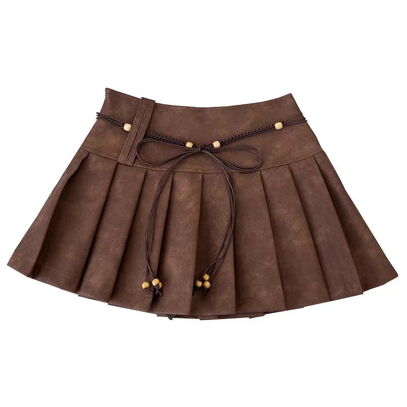 Retro Pleated Skirt Brown High Waist A Line Mini Skirt Vintage Style
