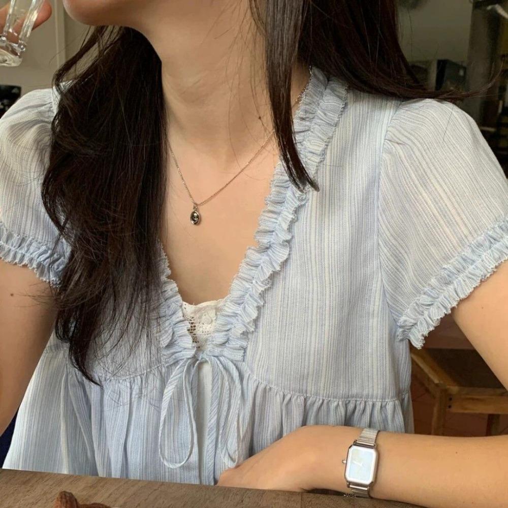 French Blue Fake Two-Piece Puff Hem V-Neck Blouse Women's Summer Design Sense Age-Reducing Loose Short Sleeve Baby Shirt Top