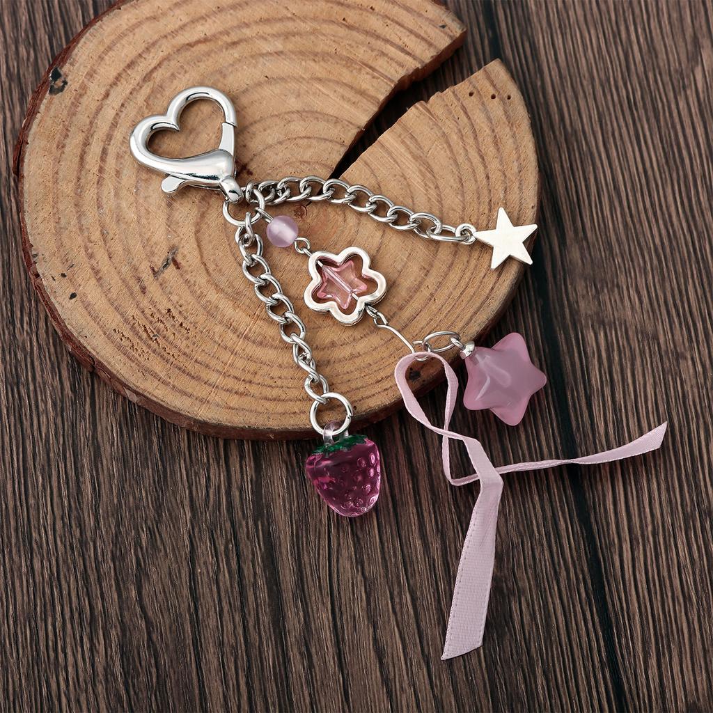 Exquisite Pink Strawberry Bow Keychain Y2k Fashion Star Flower Tassel Heart Keyring Phone Charm Pendant Beaded Chain Women Gift