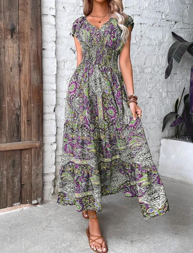 Floral Print V-Neck Short Sleeve Midi Dress with Elastic Waist, Bohemian Summer Dress for Women