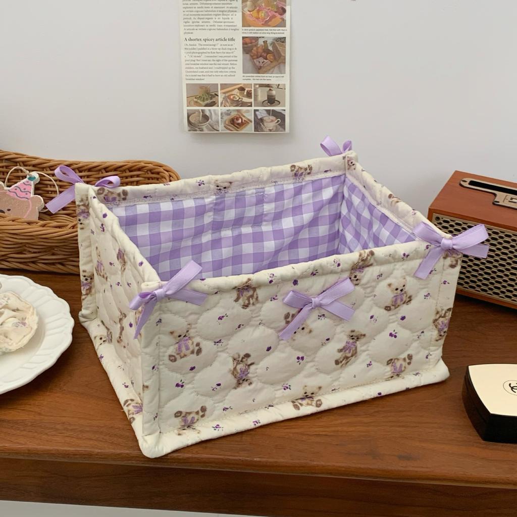 Square Storage Basket Lace Flower Desktop Organizer Storage Basket Korean Quilted Storage Basket Cute Storage Frame Decoration