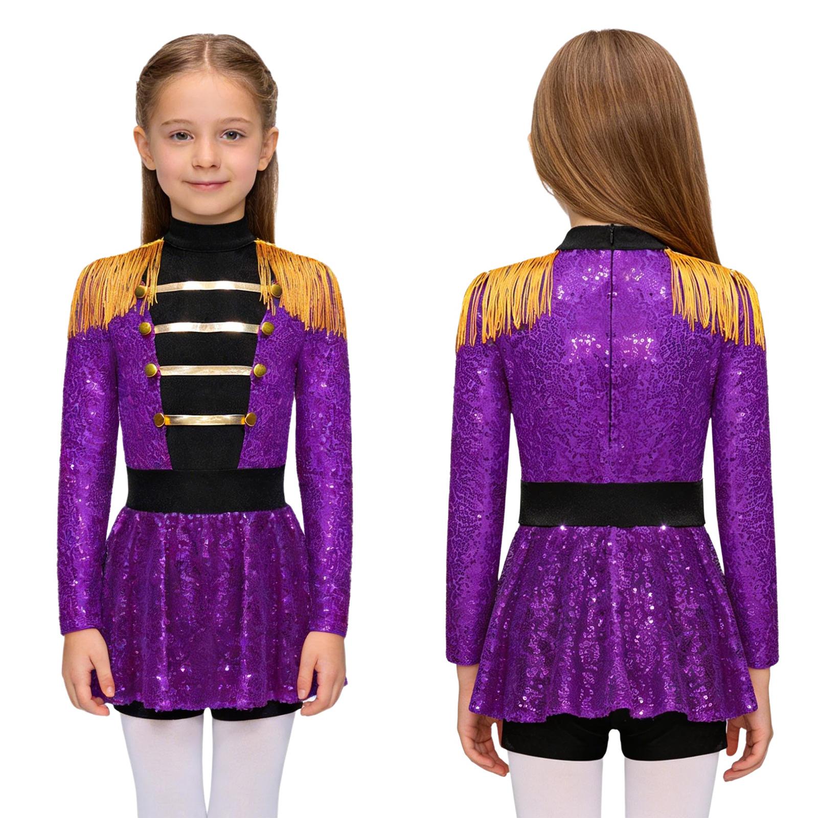 Kinder Mädchen Zirkusdirektorin Kostüm Langarm Quaste Glänzende Pailletten Kleid Jumpsuit Halloween Ausgefallenes Cosplay Outfit 7-8 Years violett