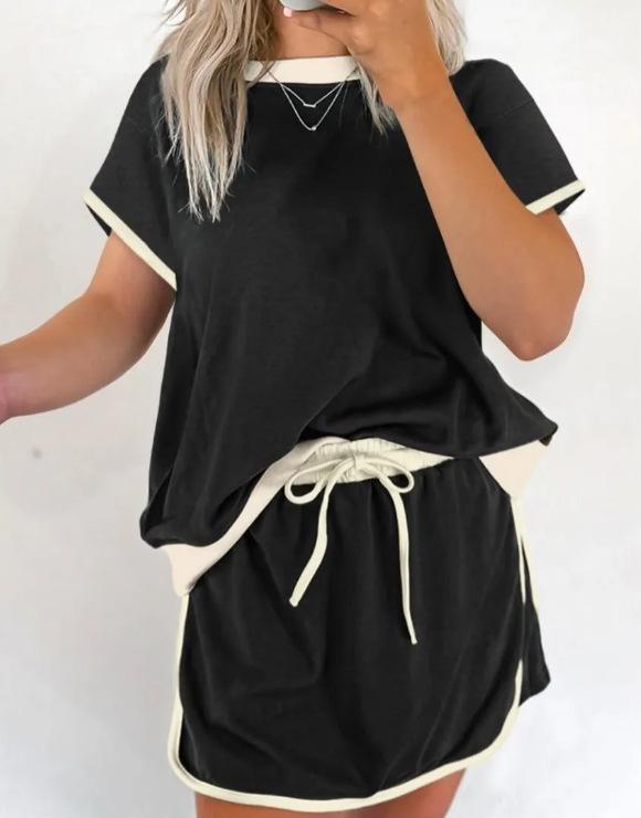 

2025 Summer Women s Color Block Drop Shoulder T-shirt & Skirt/Pants Set L