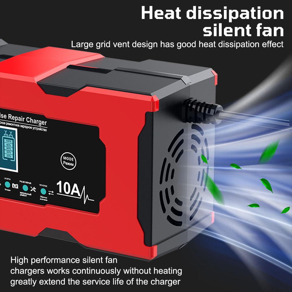 Car Battery Charger Multiple Protection 14.6V 10A Iron Lithium Charger Pulse Repair 12V 10A Smart Battery Charging EU/US Plug Digital LCD Display