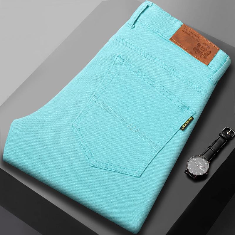 Letní lehké jednobarevné minimalistické pánské džíny Slim-fit rovná nohavice business všestranné travnatě zelené pánské dlouhé kalhoty
