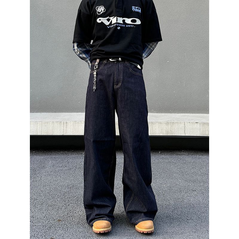 Blaexit American-Style Dark Blue Denim Jeans for Men, Vintage Straight-Leg Loose Casual Flared Original Color Wide-Leg Pants