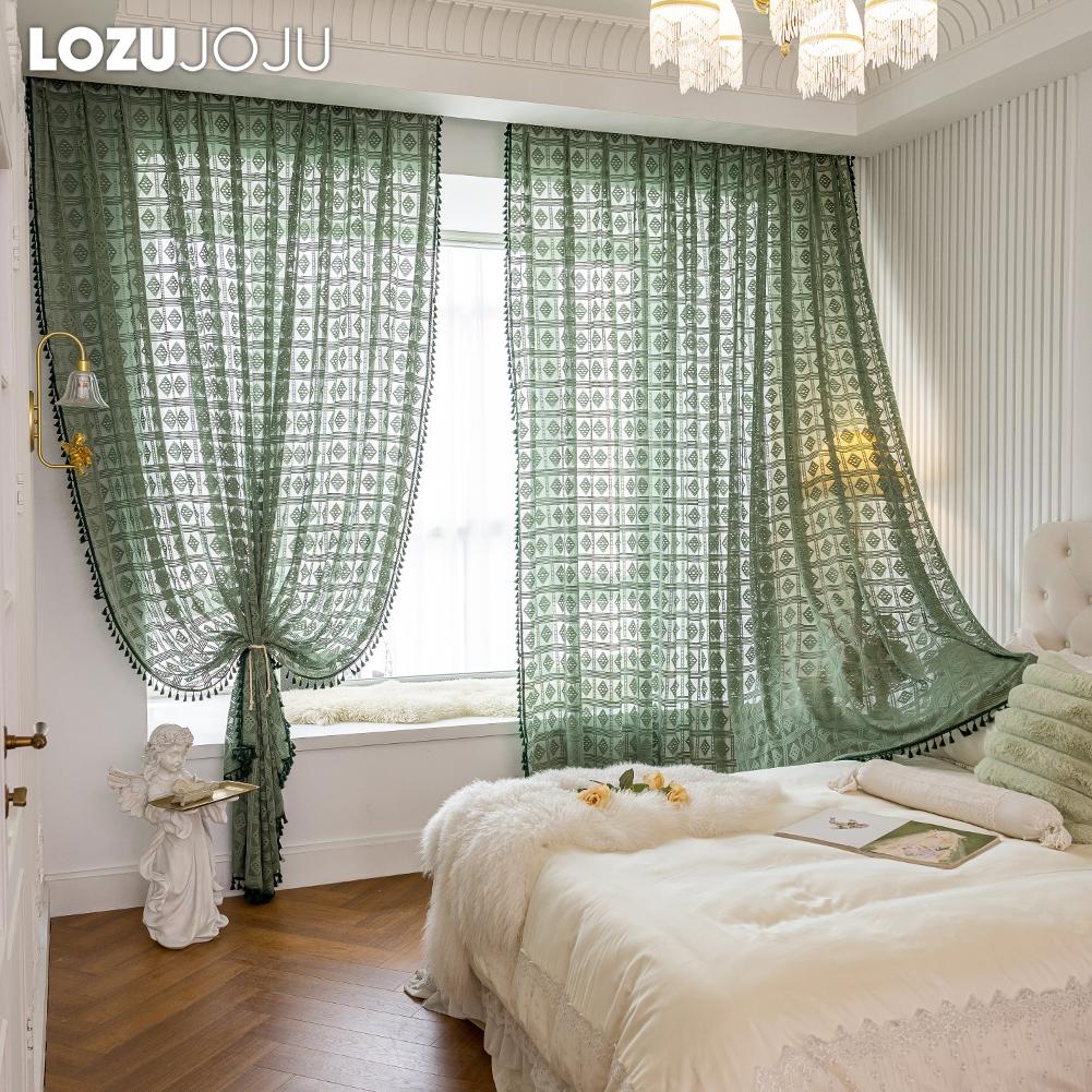 1PC LOZUJOJU 10-20% Blackout French Retro Solid Color Hollow Square Grid Fringe Curtain for Living Room Bedroom Balcony Home Decor