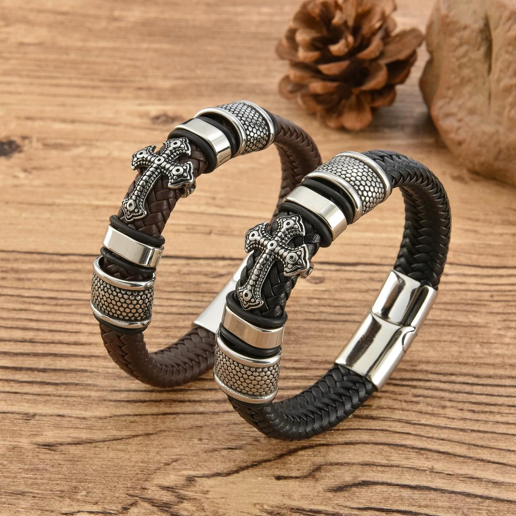 European and American Magnetic Buckle Woven Leather Bracelet Retro Cross Men's Bracelet 2026