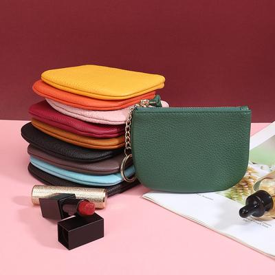Dámská peněženka Pure Color Jednoduchá měkká vrstva z hovězí kůže Přívěsek na klíče Mini peněženka na zip na mince