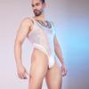 Sexy Men Oil Glossy Shiny Tank Tops Smooth Lace Bodysuit Sheer See Through Fashion Top Elastic Shirt Buckle Open Crotch