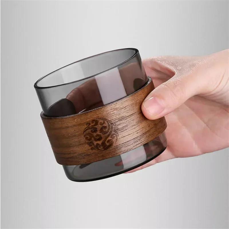 Japanese Style 150ML Heat-resistant Glass Tea Cup with Scald Proof Wooden Holder Kungfu Tea Set Master Cup Household Coffee Mug