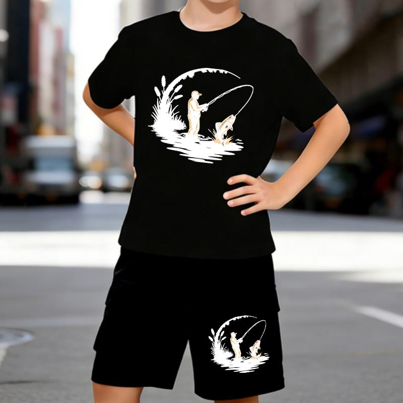

Boys 2 Piece Fishing themed printed outfit, Short Sleeve T-Shirt and Shorts Set for Kids Age 5-14,White, Black Sporty Casual Summer Clothes 5-6 Years чёрный