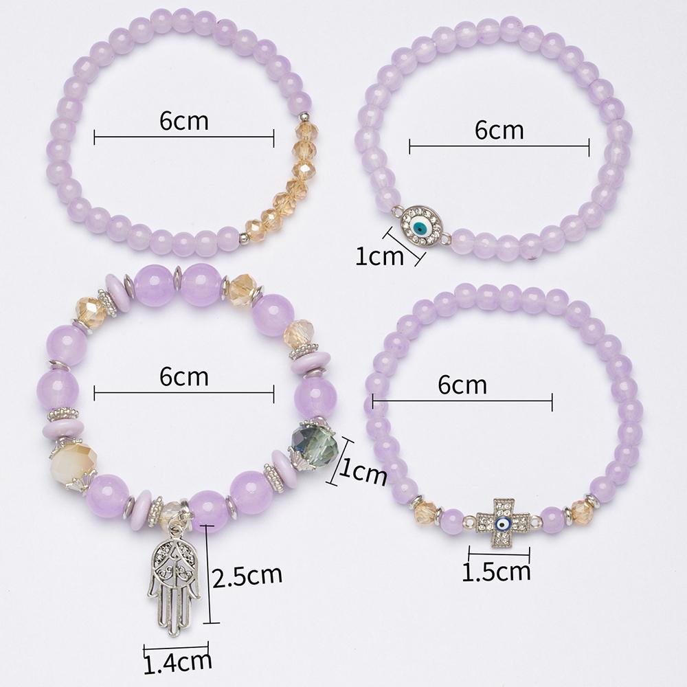 4Pcs Bohemian Acrylic Beads Bracelet Set For Women Fatima Hand Cross Evil Eyes Charm Elastic Chain Bangle Men Fashion Party Jewe