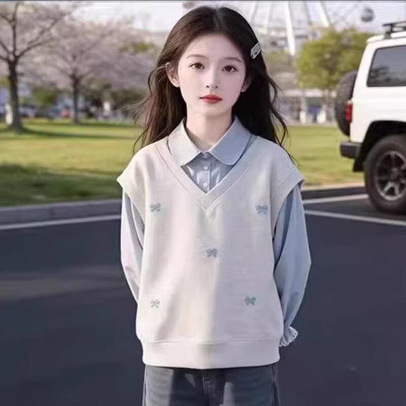 Girls' Faux Two-Piece Hoodie – Stylish Spring/Autumn Shirt Collar Top