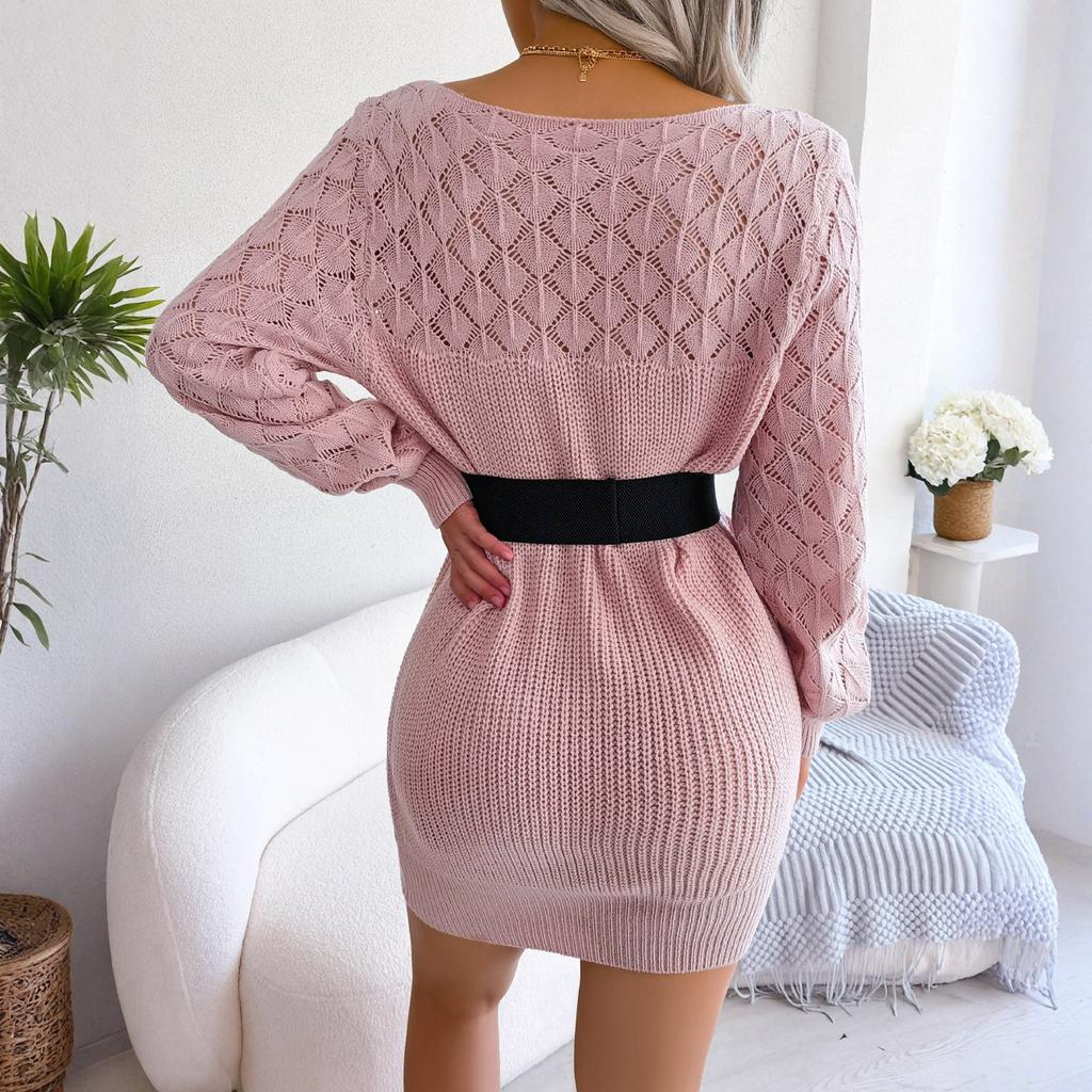 Women's Fashion Casual Hollow-out Collar Long Sleeve Pullover Sweater Dress