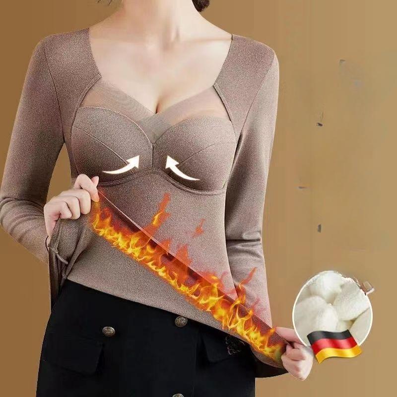 Women's Velvet Underwear with Chest Pad Autumn Winter Base Shirt Long Sleeve Thermal Underwear