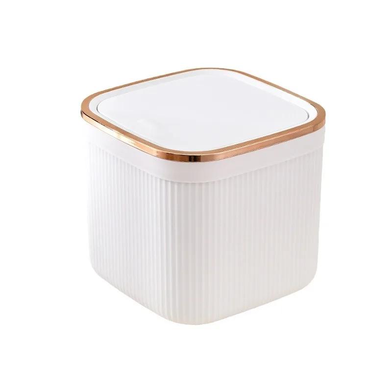 Square Press Type Mini Trash Can Quiet Close Elegant Ribbed Design with Golden Accents Plastic Desktop Bin Bathroom Home Use