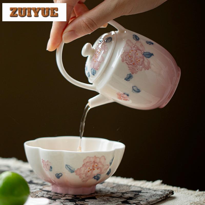 130ml Hand-painted Peony Lifting Beam Teapot Elegant Tea Infuser Pot Tea Brewing Kettle With Filter Tableware Decoration Craft