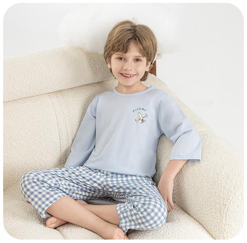Yingbolun Boys' Air-conditioned Clothes, Pajamas, Spring and Summer All Cotton Children's Home Clothes, Thin Cotton Seven Quarter Sleeve Set