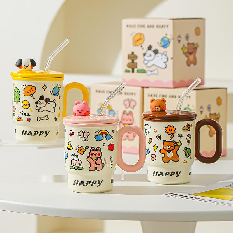 Cute Mug Boy and Girl Birthday Gift High Value Water Cup Creative Straw Cup Couple Cup Student Desktop Water Cup