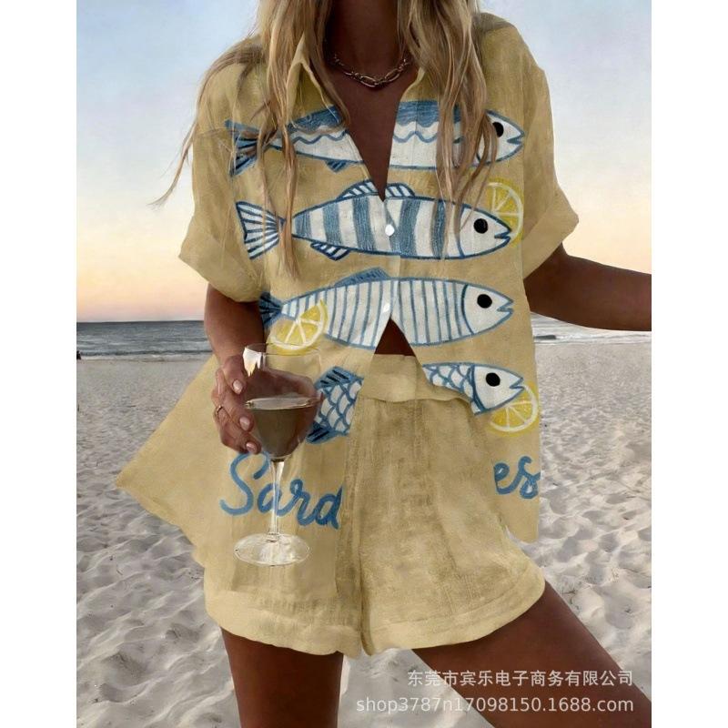 Conjunto de pantalones cortos de playa y camisa de manga corta para mujer, multicolor, vida marina, ocio, vacaciones, conjunto de dos piezas