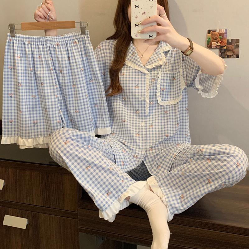 Sweet girl cherry plaid summer pajamas women's imitation cotton sweet lace short-sleeved three-piece loungewear