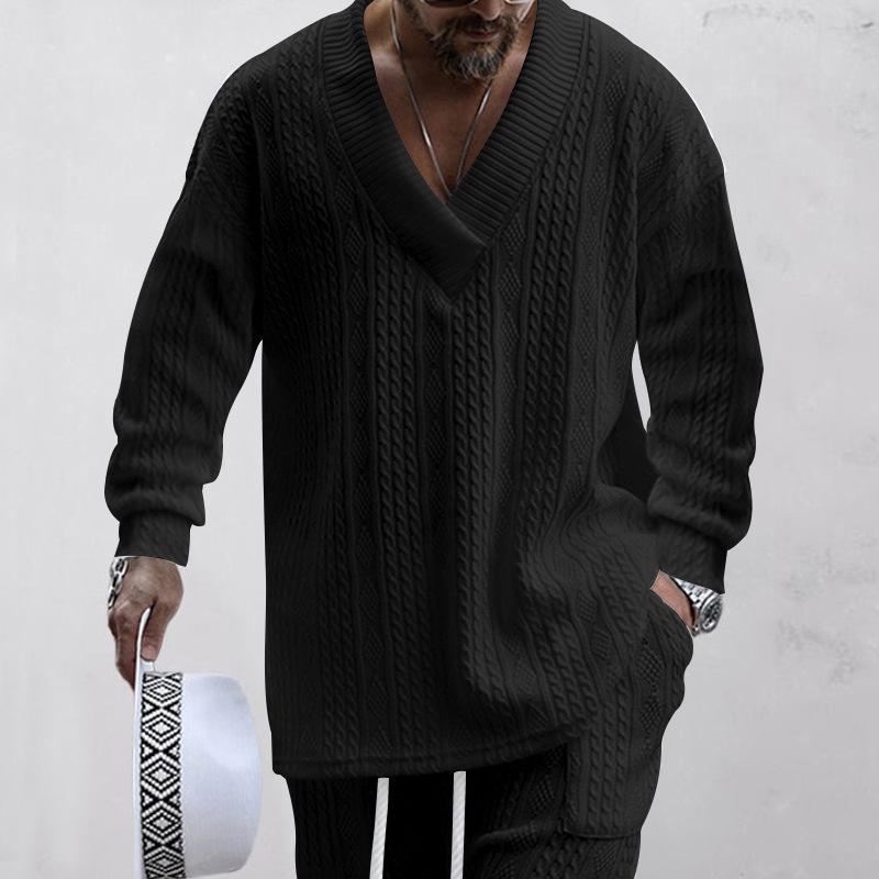 Men Casual Loose V Neck Long Sleeve Jacquard Knit Pullover Top