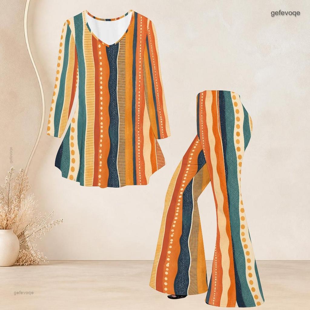 Women Plus Size Round Neck Three Quarter Sleeve Printed Flared Top Flared Pants Two Piece Set