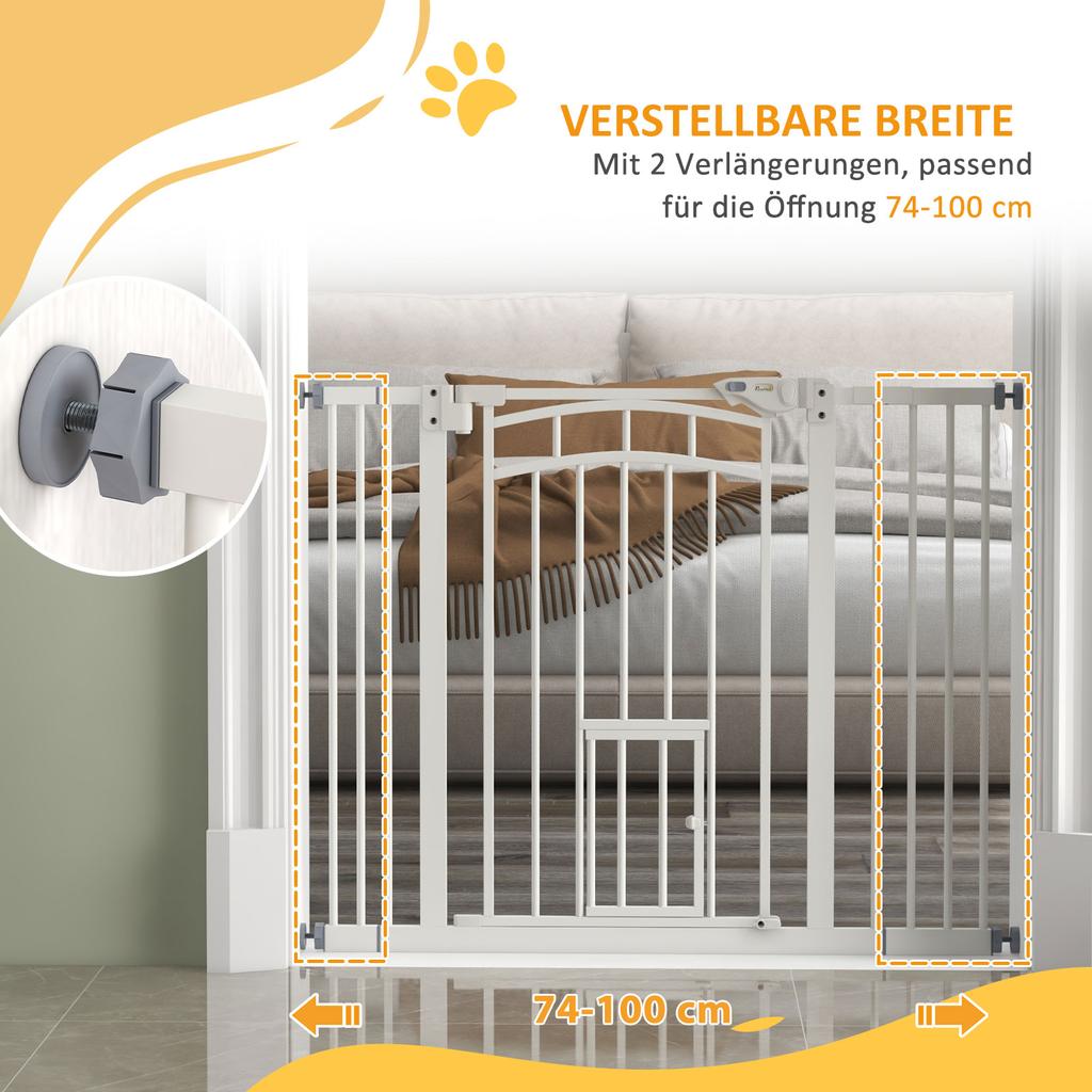 Pressure Fit Stair Dog Gate W/ Small Cat Door, Automatic Closing Door, Double Locking, for 74-100cm Openings - White