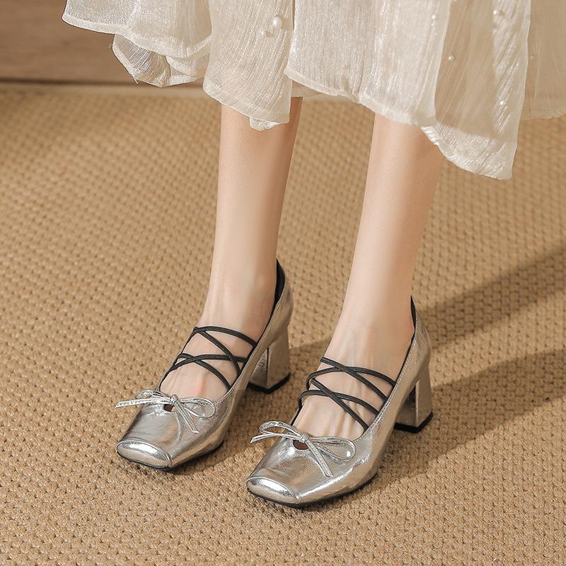 French Retro Color Matching Square Head Thick Heel Mary Jane Shoes Female High Heel Fairy Ballet Shoes Cross Strap Silver Single Shoes