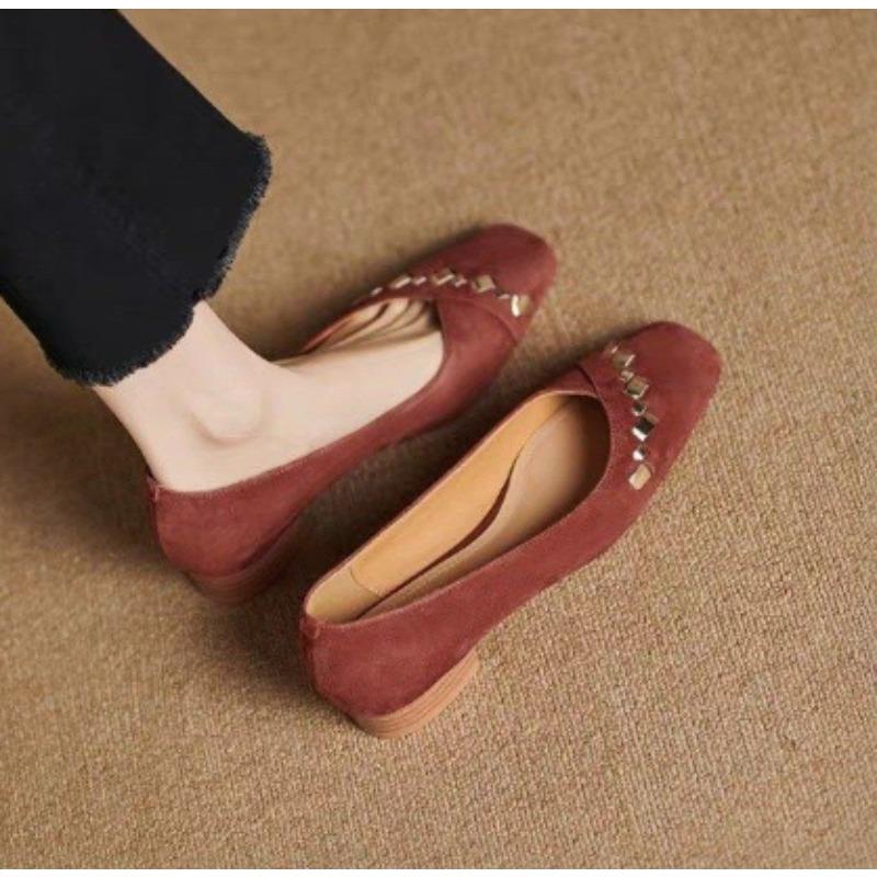 Square Toe and Shallow Mouth 2025 Spring New Scrub Leather Women's Single Shoes
