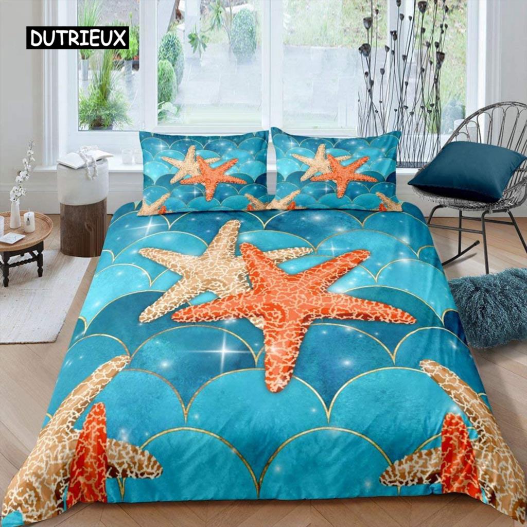 Starfish Duvet Cover Set Summer Beach Seashell Starfish Twin Bedding Set Polyester Hawaiian Tropical Nature Sea King Quilt Cover