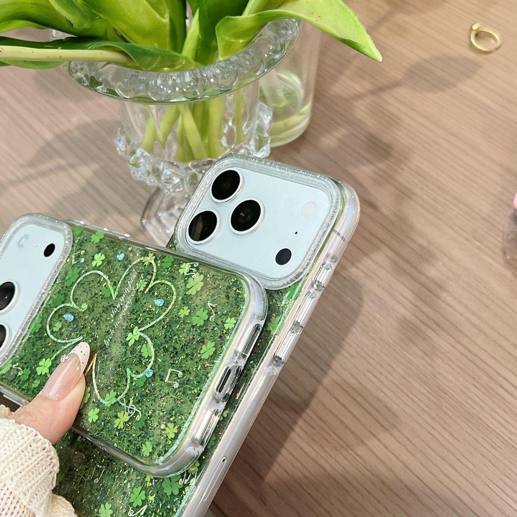 Fresh Glitter Four-Leaf Clover Case for iPhone 17PROMAX and iPhone 16 with Round Edge for 15/14P