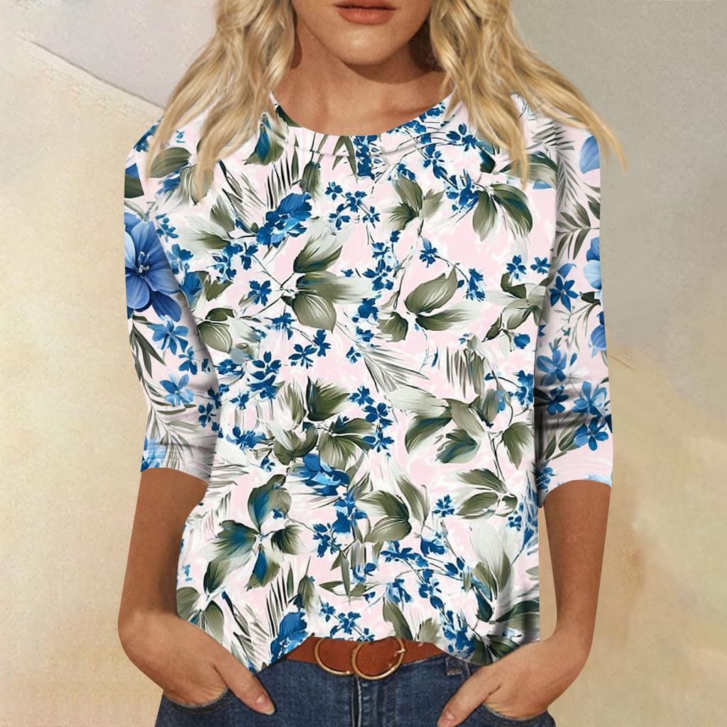 Women's Fashionable Casual Round Neck Three-Quarter Sleeve Printed T-Shirt Top