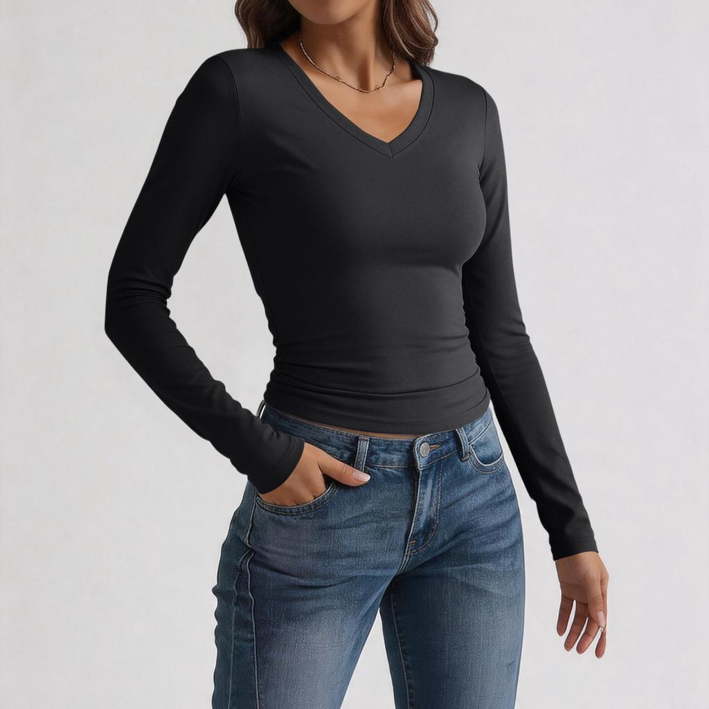 Women's Slim Fit V Neck Long Sleeve T Shirt Stretchy Milk Silk Fabric Soft Texture Basic Layering Top
