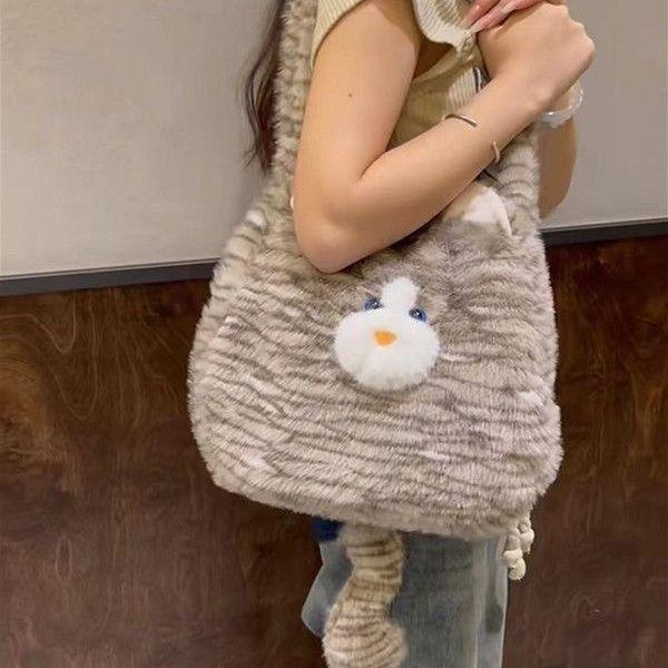

JIAERDI Sweet Cute Cat Plush Handbag Purse Women Harajuku Aesthetic Crossbody Bag Ladies Cartoon Y2k Backpack Shoulder Bag 2025 30x30x8cm серый