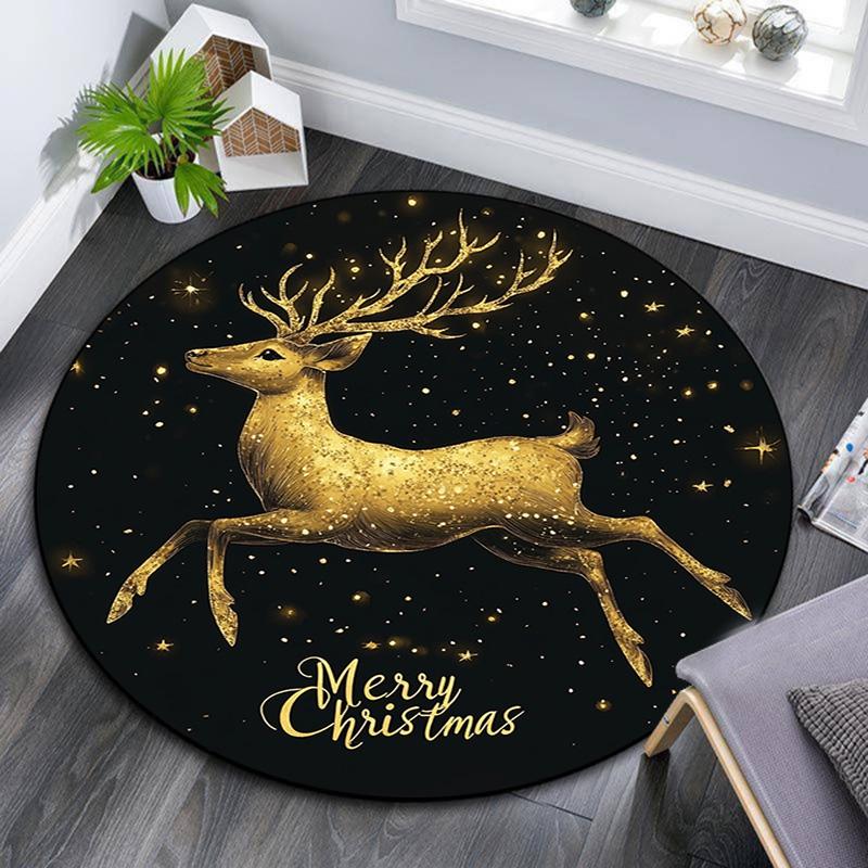 Golden Deer Round Area Rug,Carpet Rug for Living Room Bedroom Sofa Playroom Decor,Non-slip Floor Mat