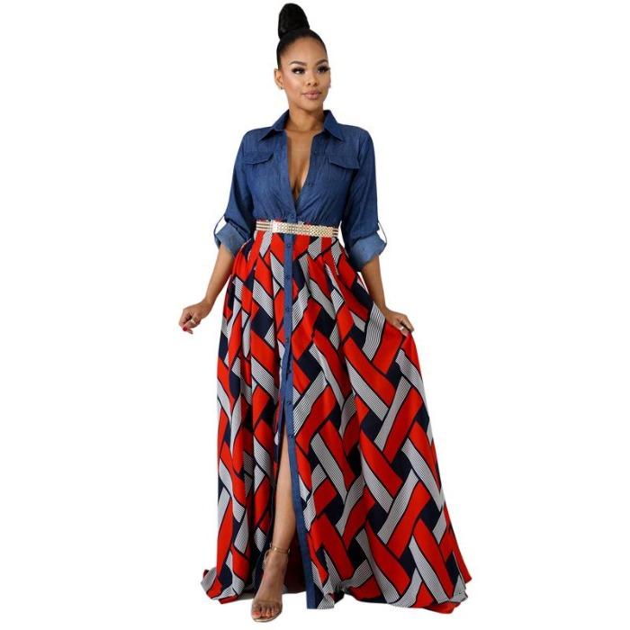 Spring and summer new European and American long dress women's denim with woven printed pendulum splicing dress