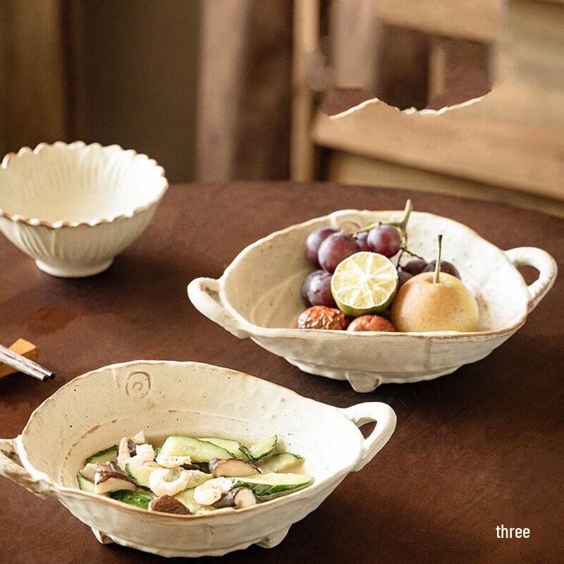 ZISIZ Rustic Ceramic Double-Handle Salad Bowl Set