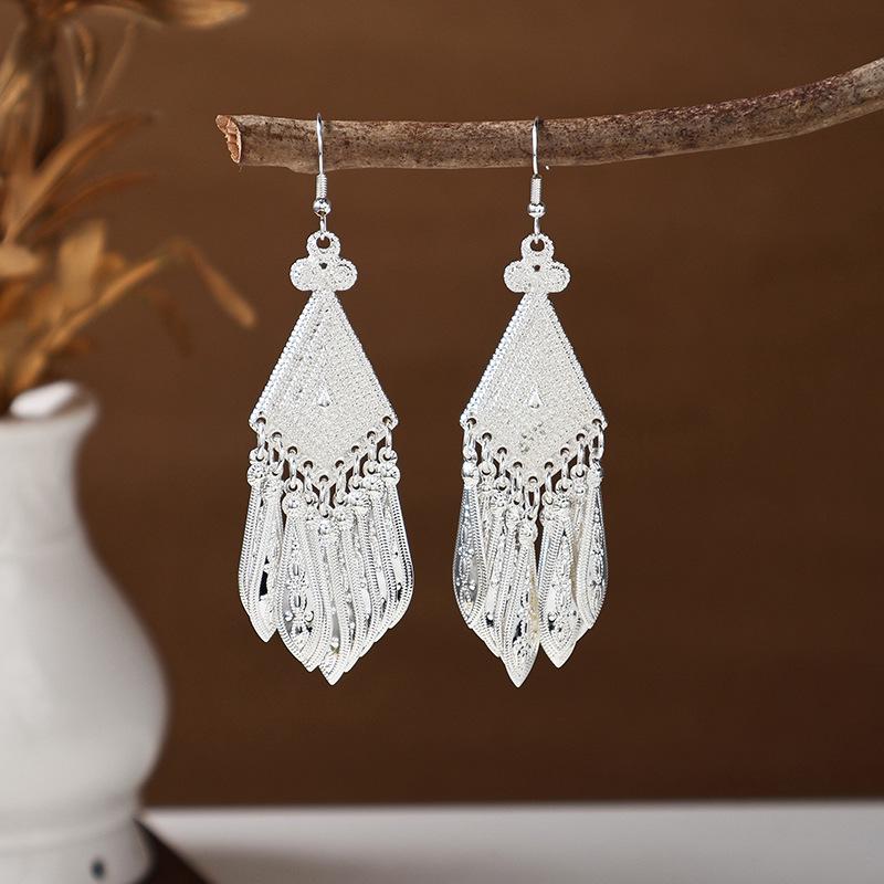 Ethnic Miao Silver Tassel Earrings - Retro Long Dangle Scenic Studs for Women
