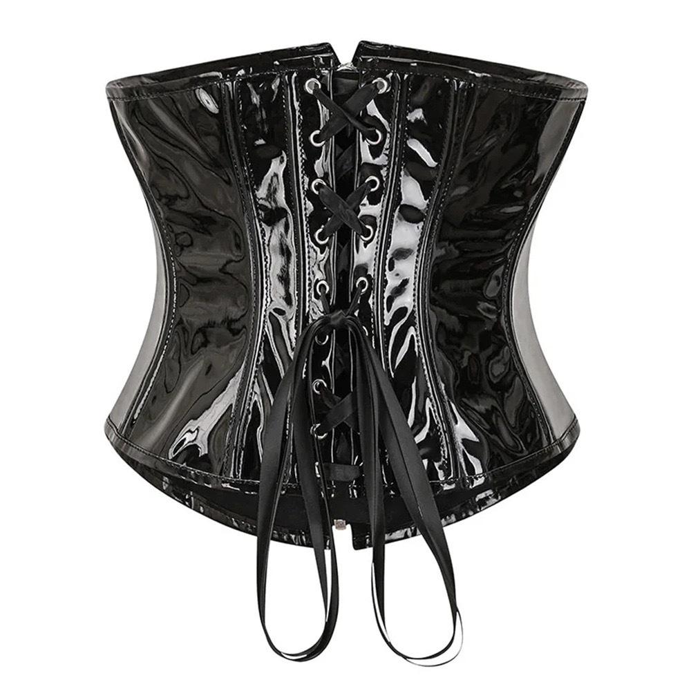 European PU Leather Zipper Tie Waist Corset Bodysuit