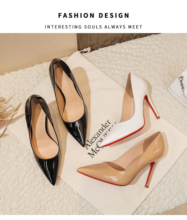 Nude Patent Leather Stiletto High Heels - 2025 Women’s Nightclub Style with Red Bottoms and Pointed Toes