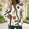 Women Plus Size V Neck Front Zip Sweatshirt Long Sleeve Ribbed Cuffs Geometric Printed Blue White