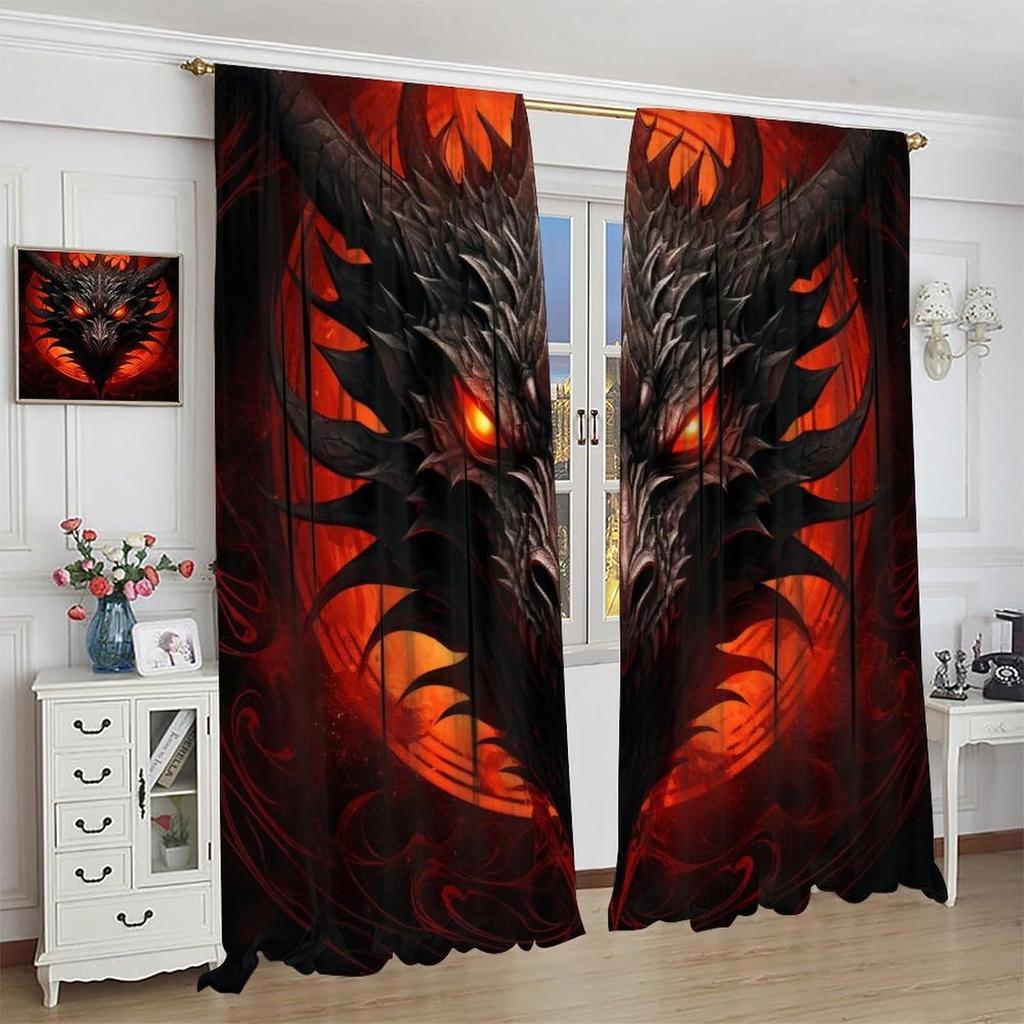 Dragon Curtains Mystic Magic Vicious Red Blood Moon Adventure Treasure Eyes Windows Treatments Insulated Drapes Thermal Made Of Polyester