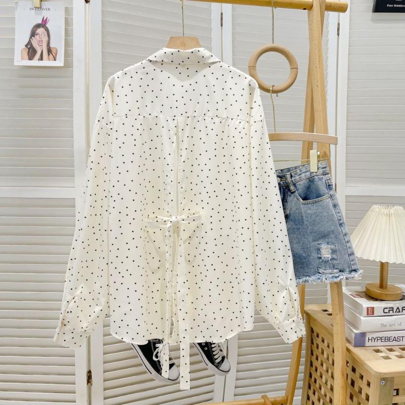 Women Loose Polka Dot Long Sleeve Lace Up Casual Sunscreen Shirt Blouse
